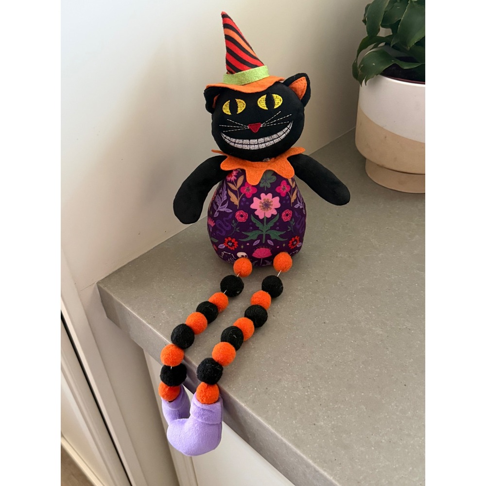 Halloween Plush Vintage Grinning Cat Shelf Sitter Plush Pom-Pom Dangle Legs 15"